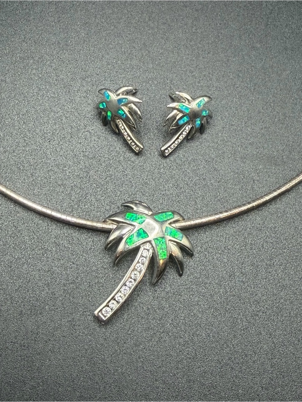 925 Sterling Silver Palm Tree Necklace and Earrings blue green inlay opal #S30